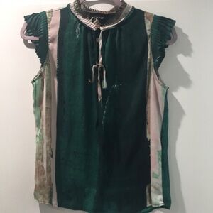 DKNY Green Cream Ruffled Tie Front Blouse